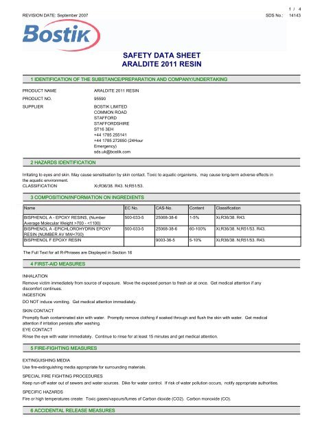 SAFETY DATA SHEET ARALDITE 2011 RESIN - Arco