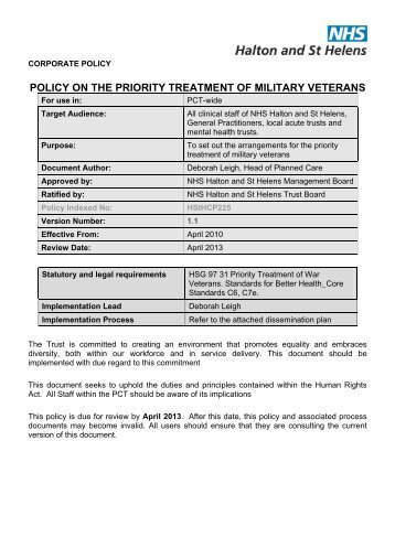 Priority Treatment of Military Veterans Policy - Halton and St Helens ...