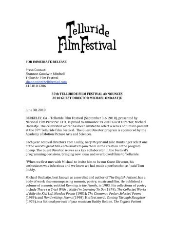 Michael Ondaatje Final - Press Release - Telluride Film Festival