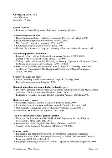 CURRICULUM VITAE Matti Miestamo September 13, 2011 Current ...