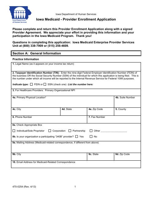 470-0254 Iowa Medicaid Provider Enrollment Application