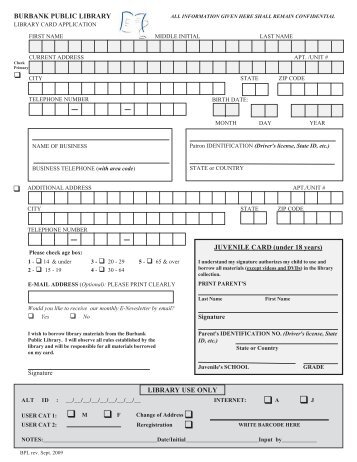 library card application - Burbank Public Library