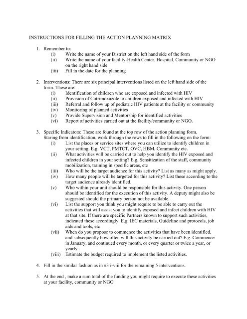 Action Planning Matrix for Pediatric HIV and AIDS - basics