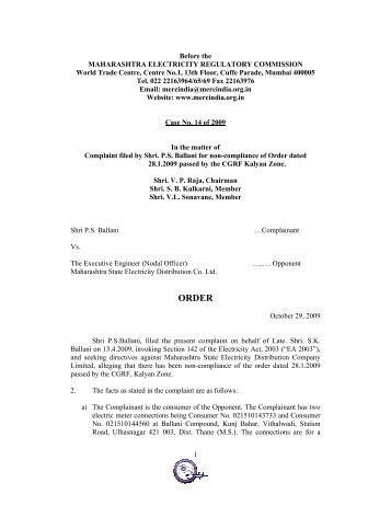 Order in Case No.14 of 2009 dated 29-Oct-2009 In the matter of ...