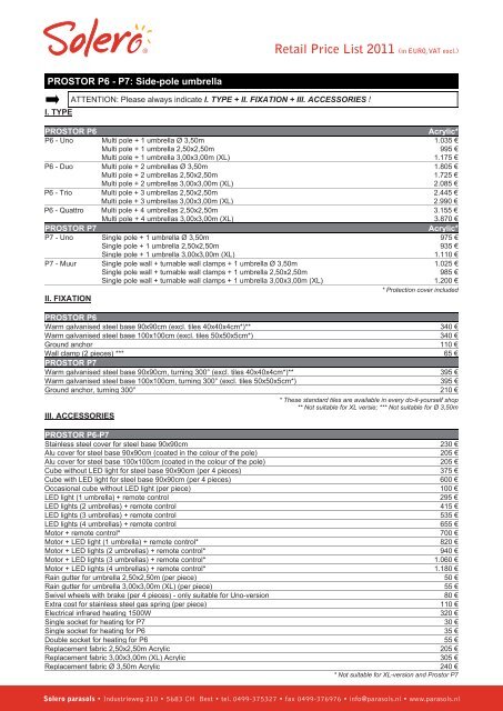 Prostor Retail Price List 2011 - Solero Parasols