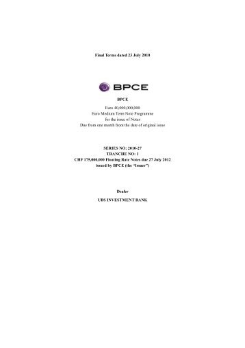 BPCE_Final Terms_Floating_CHF - Groupe BPCE