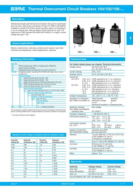 Thermal Overcurrent Circuit Breakers 104/105/106-... 1