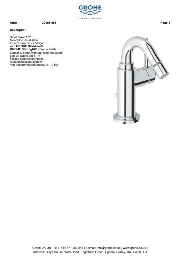 Description Bidet mixer 1/2" Monobloc installation 28 mm ... - GROHE