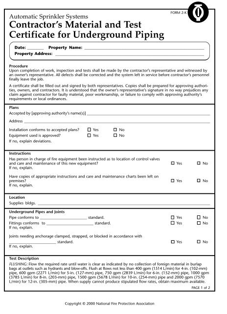 Contractor's Material and Test Certificate for Underground Piping