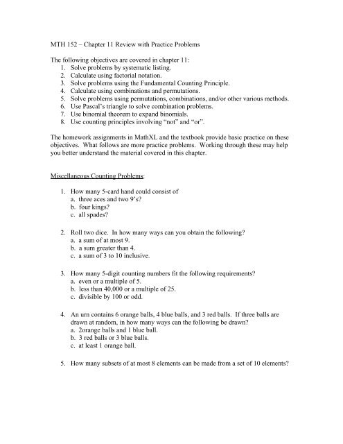 Mth 152 – Chapter 11 Review With Practice Problems The Following ...