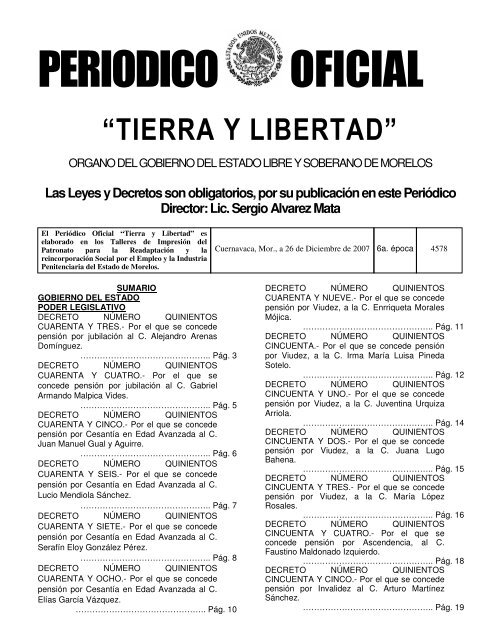 PeriÃ³dico Oficial Tierra y Libertad No. 4578 en el cual se decreta la ...