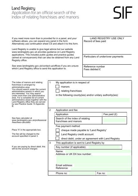 Example of form SIF - Land Registry