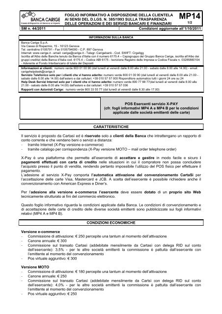 Pos Esercenti Servizio X Pay Gruppo Banca Carige