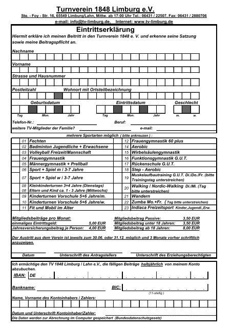 Turnverein 1848 Limburg e.V. Eintrittserklärung - TV Limburg