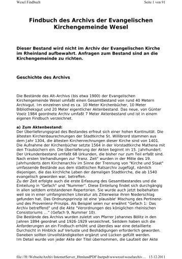Findbuch des Archivs der Evangelischen Kirchengemeinde Wesel
