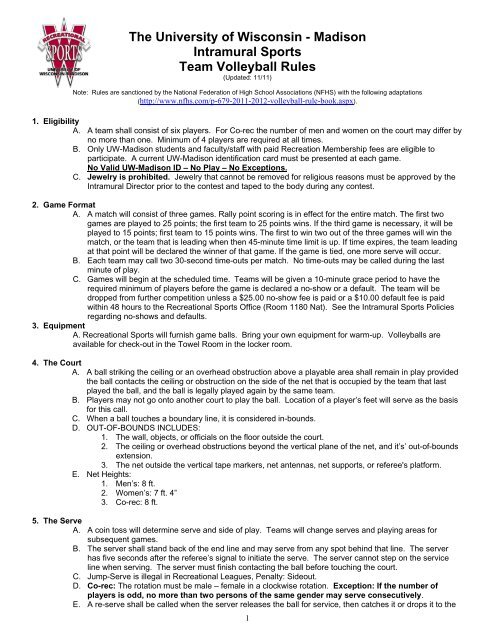 Madison Intramural Sports Team Volleyball Rules - Recreational ...