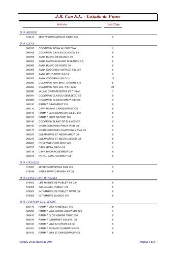 J.B. Cao S.L. - Listado de Vinos