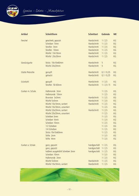 GSM Gemüse- / Salatmanufaktur Sortimentsübersicht