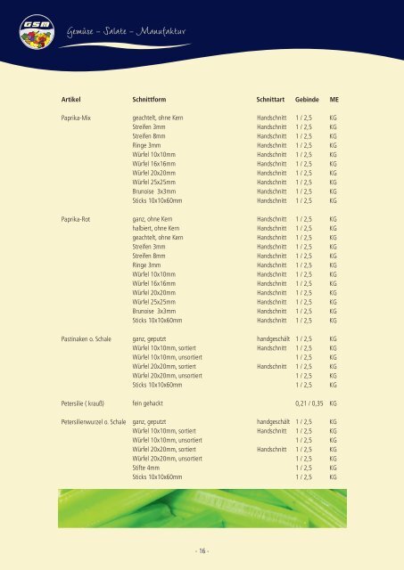 GSM Gemüse- / Salatmanufaktur Sortimentsübersicht