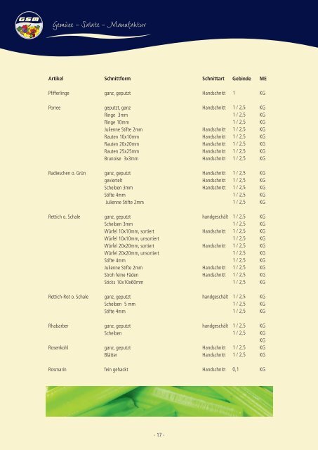 GSM Gemüse- / Salatmanufaktur Sortimentsübersicht