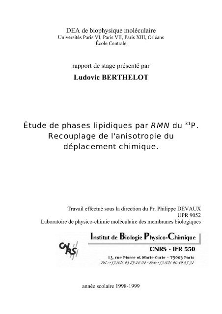 Ludovic BERTHELOT Étude de phases lipidiques par RMN du 31P ...