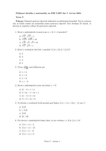 Přijímací zkouška z matematiky na FSE UJEP dne 7. června 2004 ...