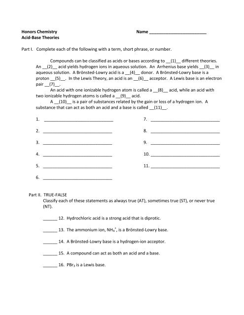 Acid-Base Theories WS - Honors Chemistry