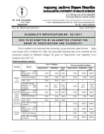 eligibility notification no. 02/2011 - Maharashtra University of Health ...