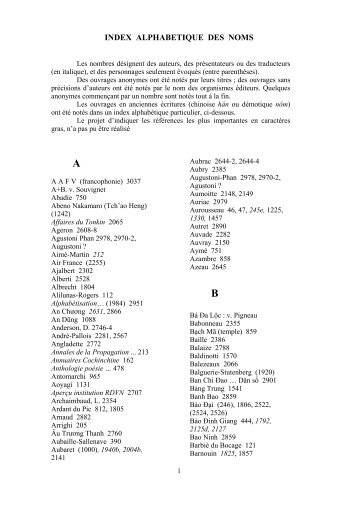 INDEX ALPHABETIQUE DES NOMS - Chim Viá»t CÃ nh Nam