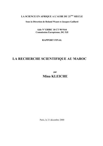 LA RECHERCHE SCIENTIFIQUE AU MAROC Mina KLEICHE