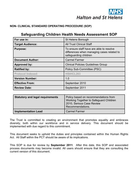 Safeguarding Children Health Needs Assessment SOP