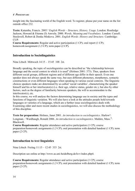 Kommentiertes Vorlesungsverzeichnis Anglistik Heidelberg SS 2008