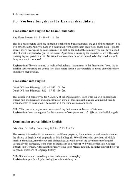 Kommentiertes Vorlesungsverzeichnis Anglistik Heidelberg SS 2008