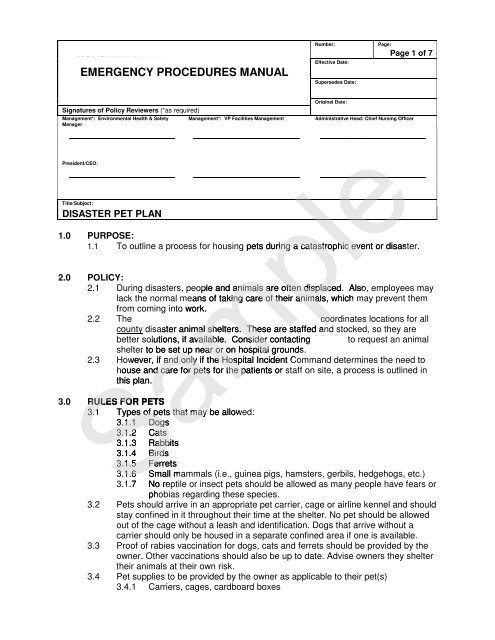 Sample Hospital Disaster Pet Plan