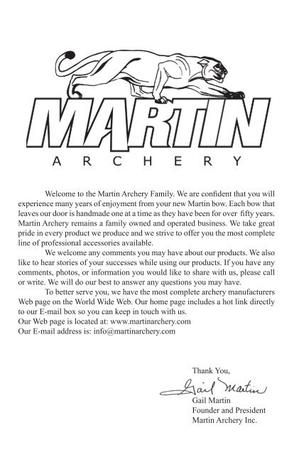 TABLE OF CONTENTS - Martin Archery