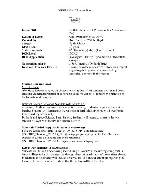 inspire gk12 lesson plan 1 lesson title earth history part lesson plan power point