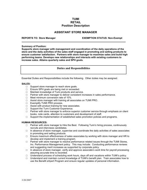 Tumi Retail Position Description Assistant ... - Santana Row