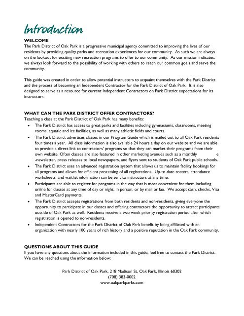 independent contractor guide and agreements - The Park District of ...