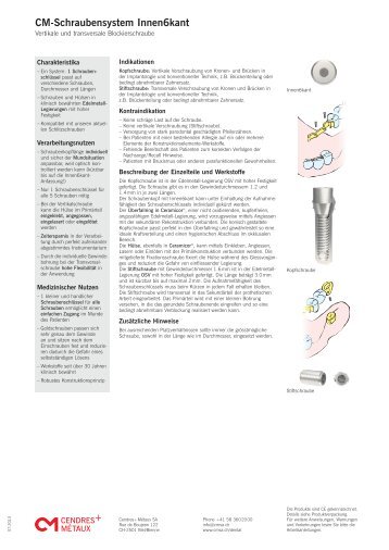 CM-Schraubensystem Innen6kant - Cendres Métaux