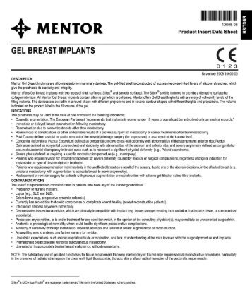 MemoryGel â¢ Breast Implants Product Insert Data Sheet - Mentor