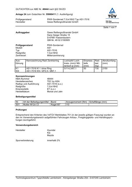 GUTACHTEN zur ABE Nr. 48444 nach Â§22 StVZO Anlage 24 zum ...