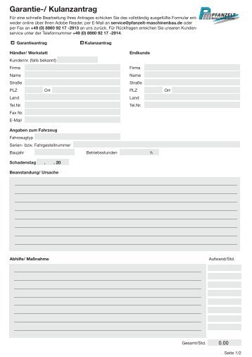 Garantie-/ Kulanzantrag - Pfanzelt Maschinenbau
