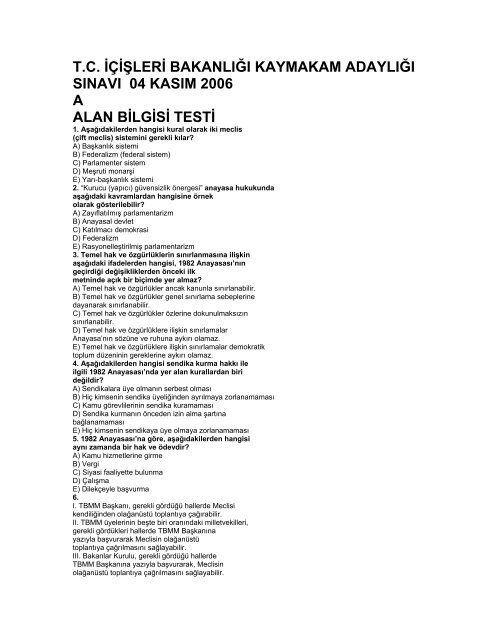 tc iÃ§iÅleri bakanlÄ±ÄÄ± kaymakam adaylÄ±ÄÄ± sÄ±navÄ± 04 kasÄ±m 2006 a alan ...