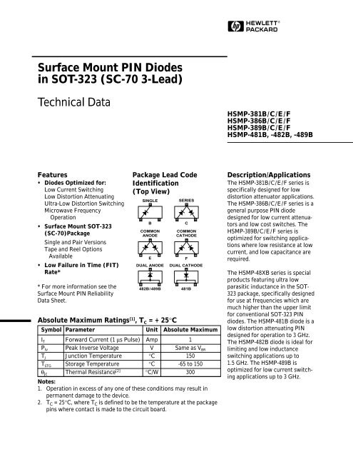 Surface Mount PIN Diodes in SOT-323 (SC-70 3-Lead) Technical Data