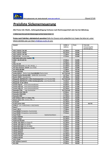 Preisliste Sickenerneuerung - PPA-Audiotechnik