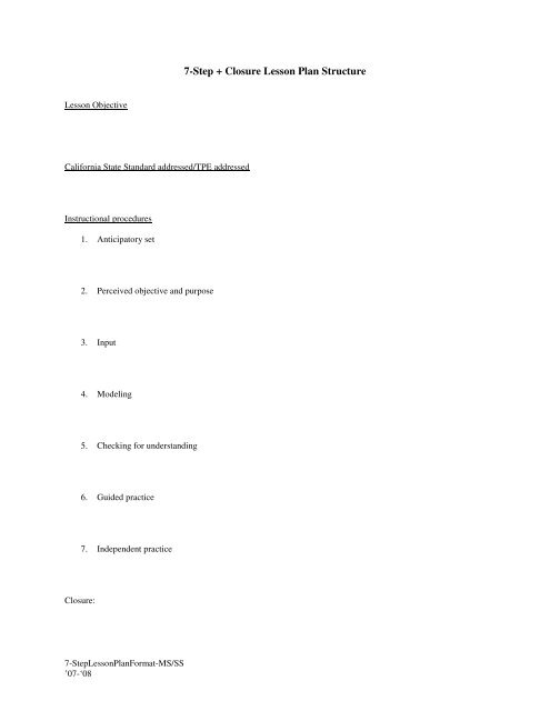 7 step closure lesson plan structure