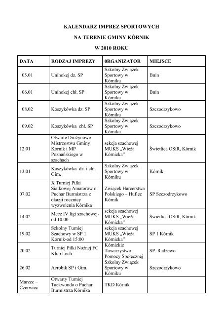 KALENDARZ IMPREZ SPORTOWYCH - KÃ³rnik