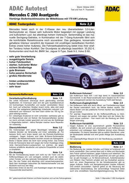 Umfassender Test Mercedes C 280 Avantgarde Adac