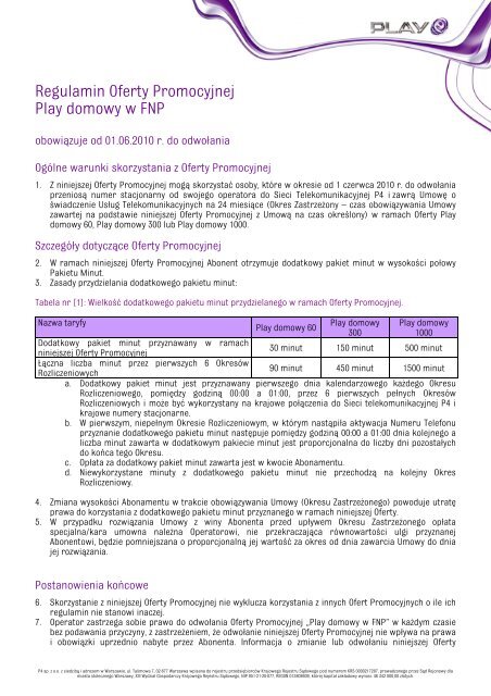Regulamin Oferty Promocyjnej Play domowy w FNP