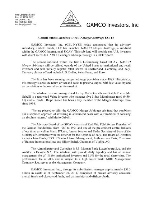 Gabelli Funds Launches GAMCO Merger Arbitrage UCITS